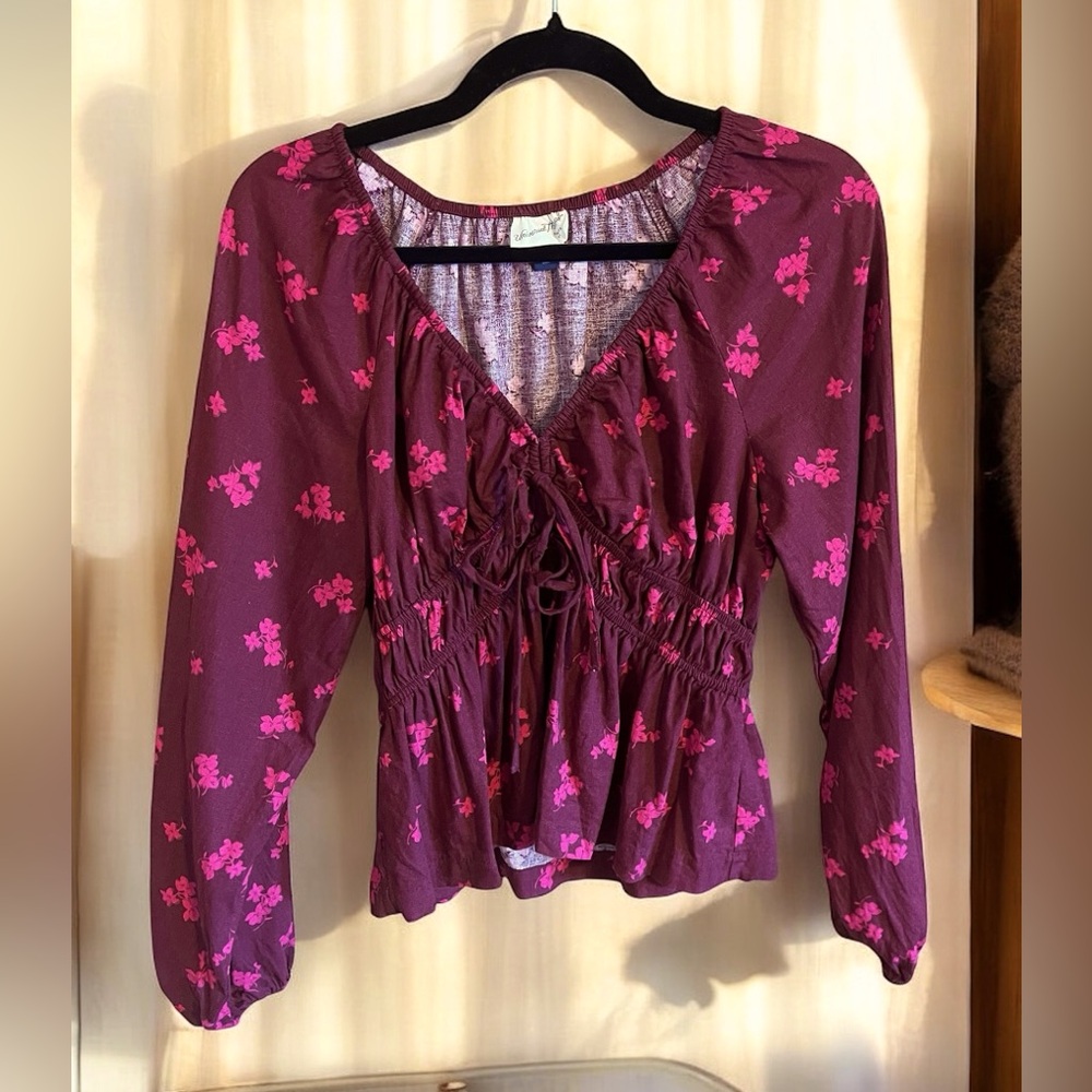 Universal Thread Size S Women’s Linen Blend Floral Peasant Blouse